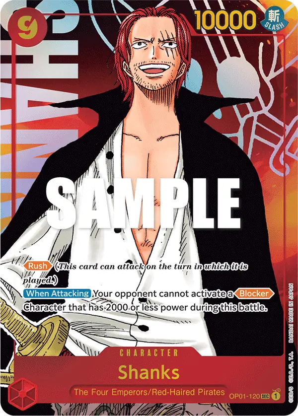 Shanks (Parallel) #OP01-120, Romance Dawn, graded PSA 9 (card image in a drawn slab)